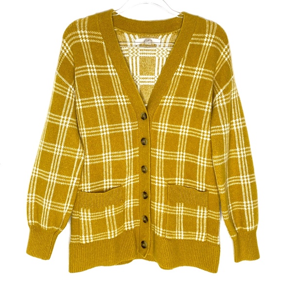 LOFT XS Chartreuse/Mustard Plaid Patch Pocket Button Down Cardigan - Picture 1 of 4